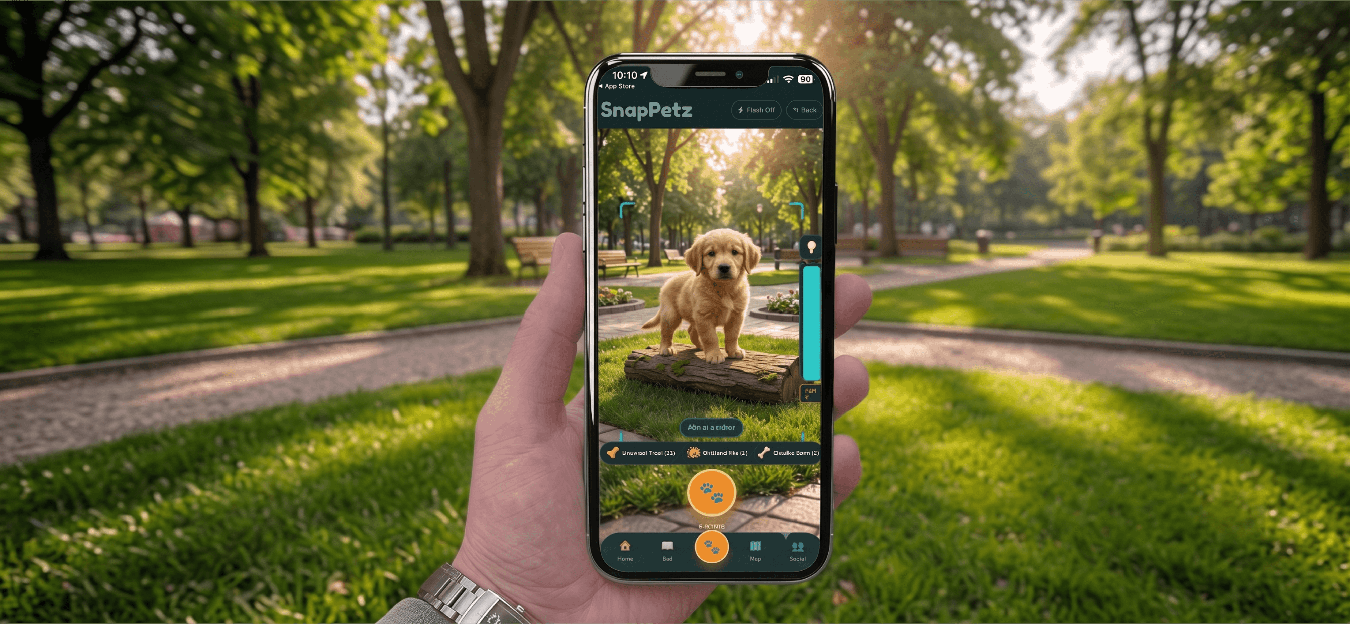 SnapPetz camera-scanner view, a phone framing a golden retriever puppy sitting on a park bench, with an on-screen paw box locking the animal.