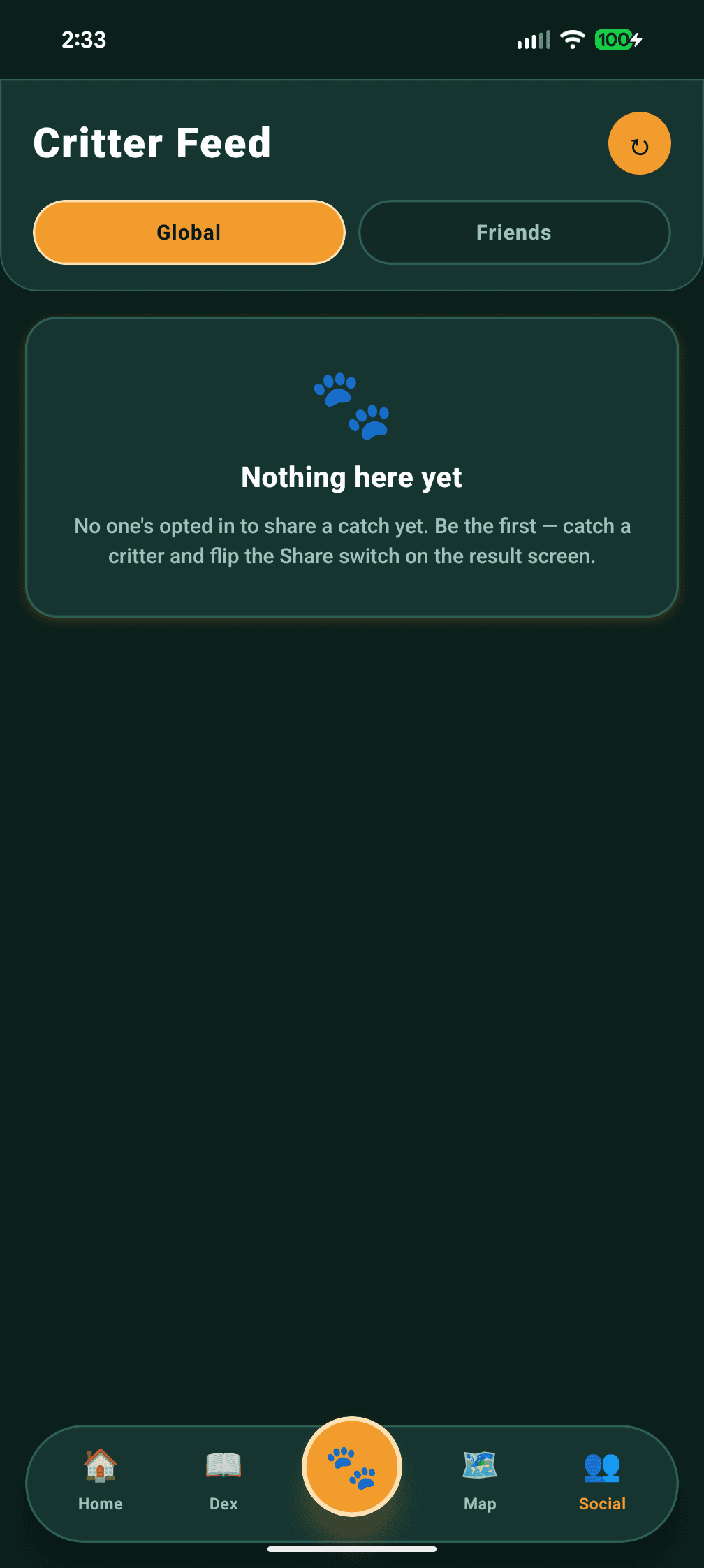 SnapPetz Critter Feed screen, Global + Friends timelines of catches other trainers opted to share. Reactions are one-tap, feed itself is read-only.
