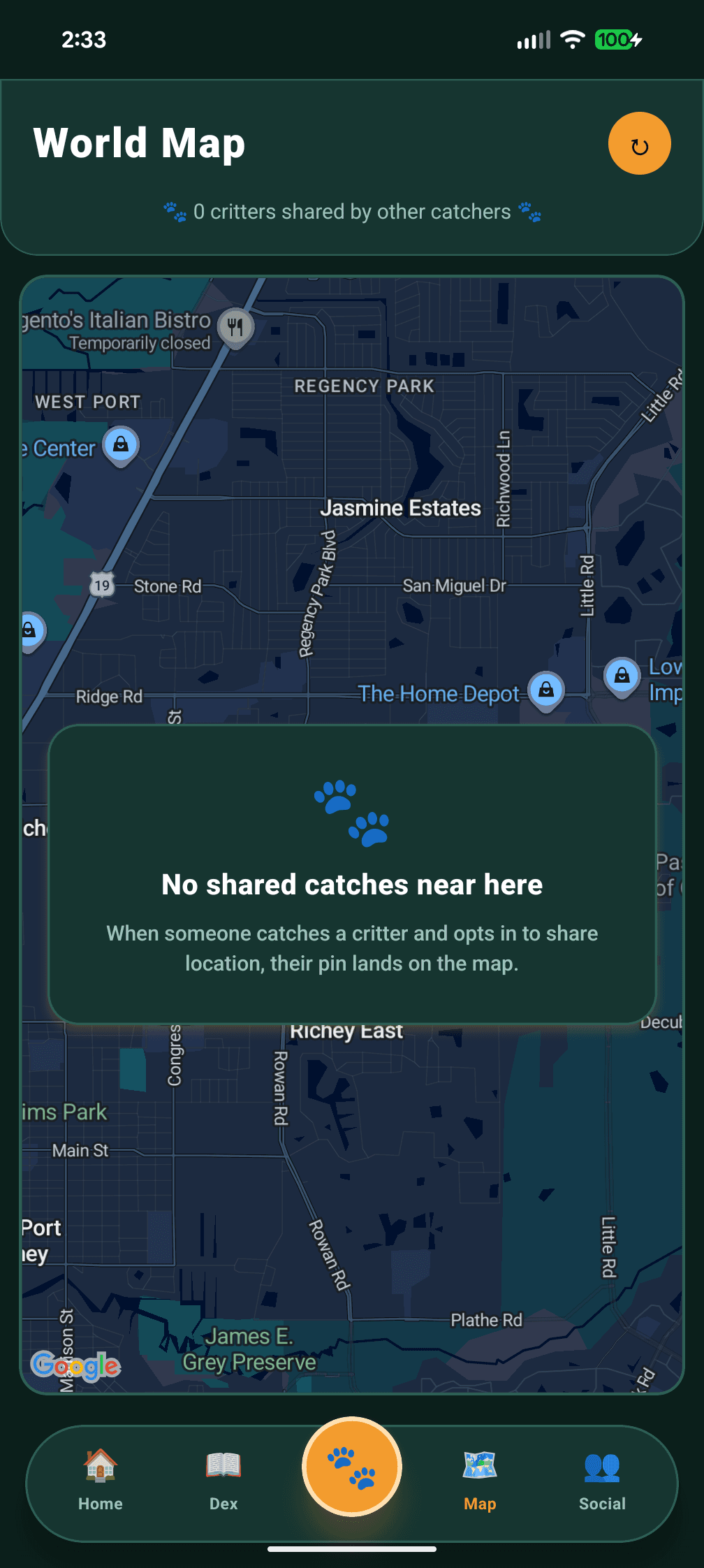 SnapPetz World Map screen, Opt-in per-catch sharing drops a pin at your location. Off by default; the map tab still works with no shared catches.