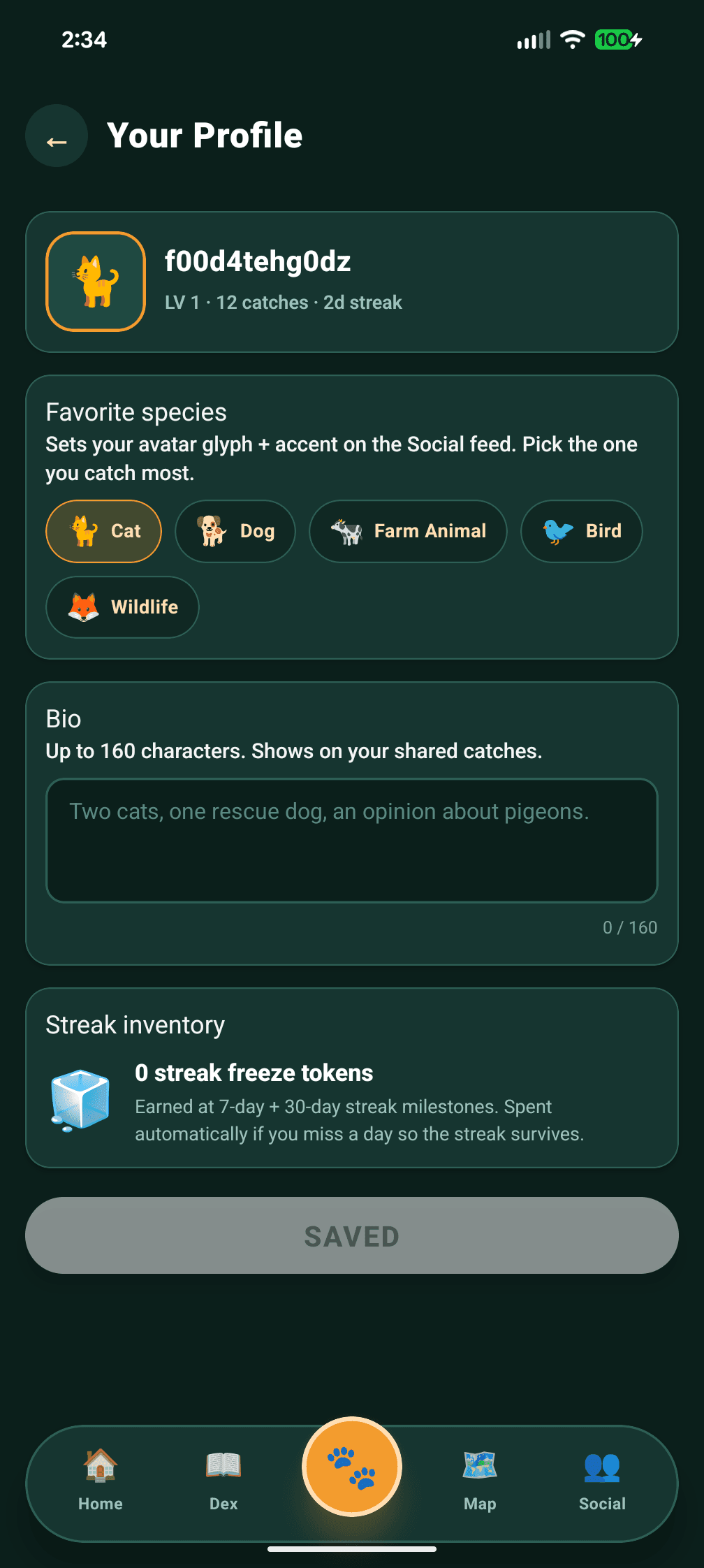 SnapPetz Your Profile screen, Level, streak, favorite species, and a 160-character bio. Avatar glyph gets accented on shared catches in the feed.