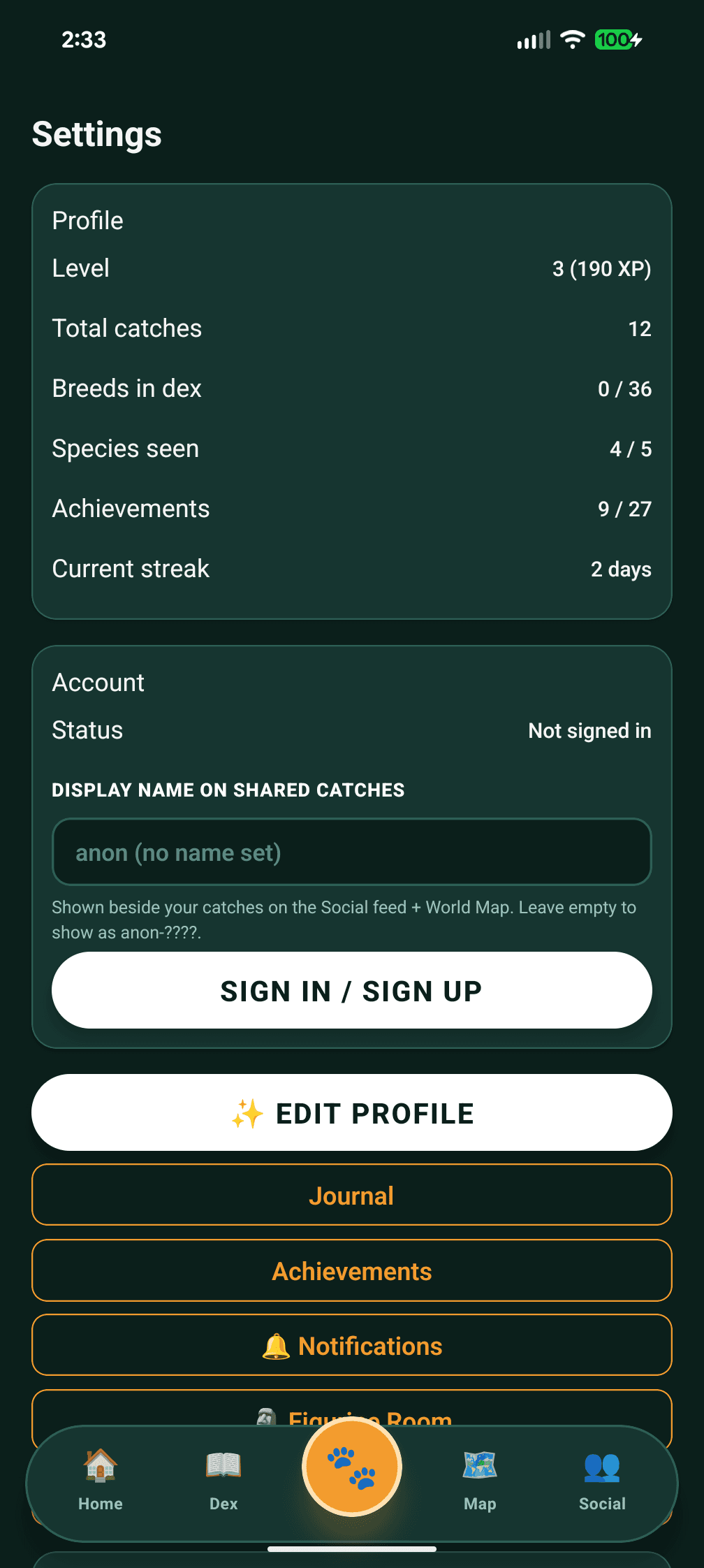 SnapPetz Settings screen, One-tap access to journal, achievements, notifications, and the figurine room. Cloud sync sign-in lives here, optional.
